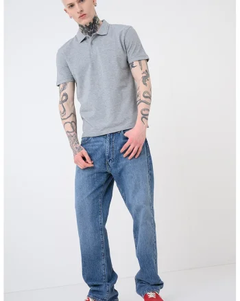 Tricou polo din bumbac pique cu dungi, Gri melange