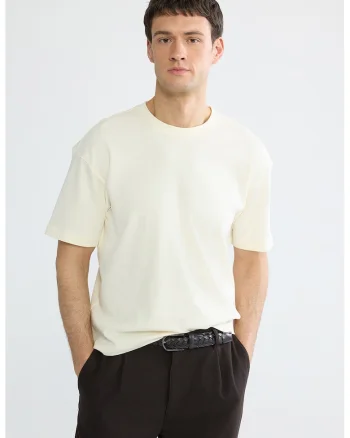 Tricou din bumbac cu decolteu la baza gatului, Crem