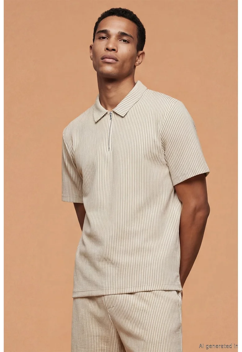 Tricou polo cu model in dungi si fermoar scurt, Bej inchis