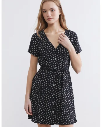 Rochie scurta cu decolteu in V si nasturi, Alb/Negru