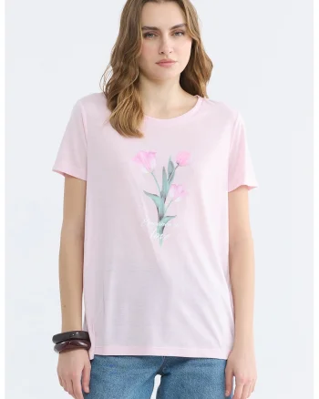 Tricou cu imprimeu frontal, Roz pastel