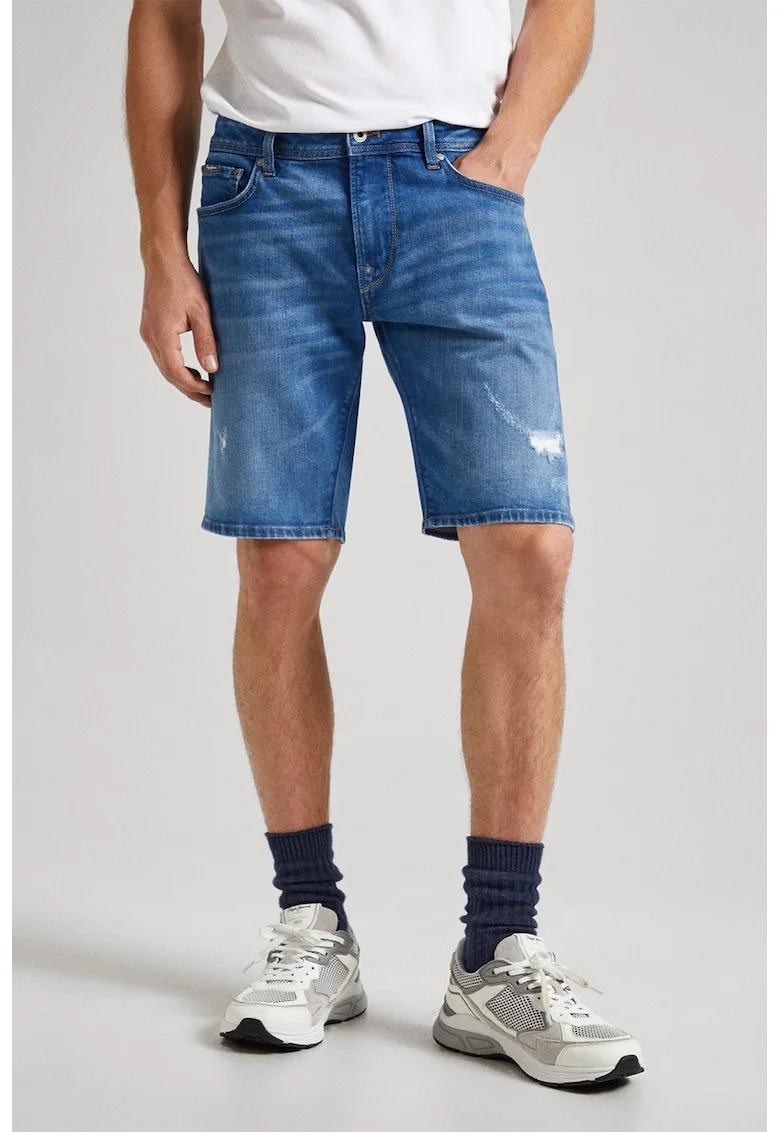 Pantaloni scurti de denim cu detalii cu aspect deteriorat, Albastru