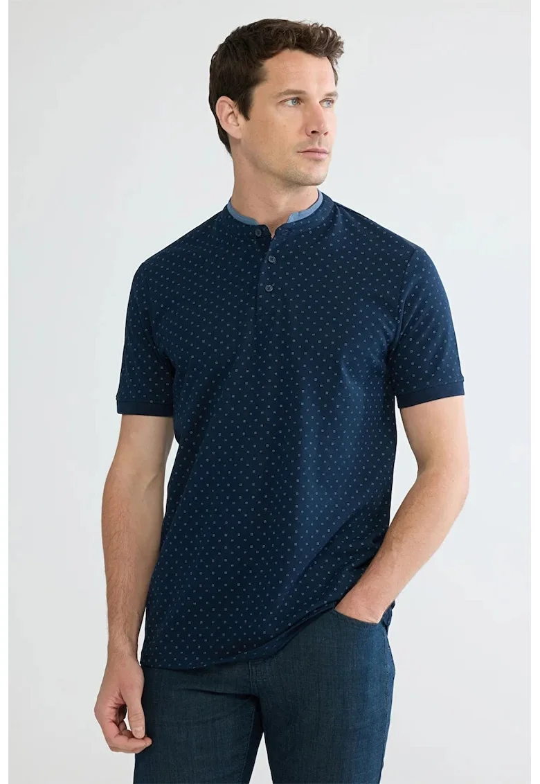 Tricou de bumbac cu fenta cu nasturi, Albastru glaciar/Bleumarin