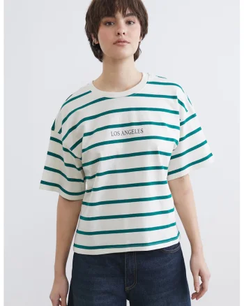 Tricou supradimensionat in dungi, din bumbac, Visiniu/Alb fildes