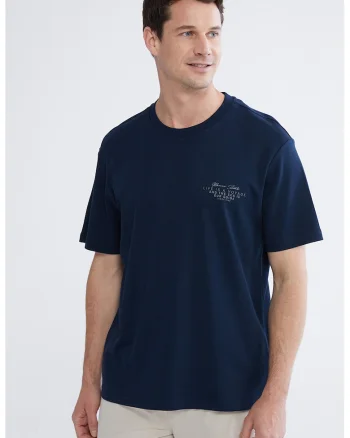 Tricou cu decolteu la baza gatului si imprimeu discret, Bleumarin