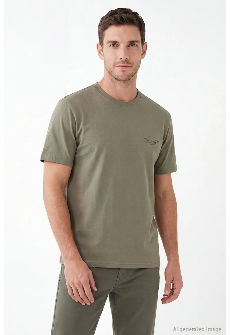 Tricou cu decolteu la baza gatului si imprimeu discret, Kaki