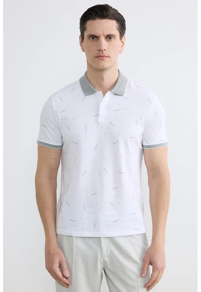 Tricou polo cu imprimeu grafic, Alb/Gri antichizat