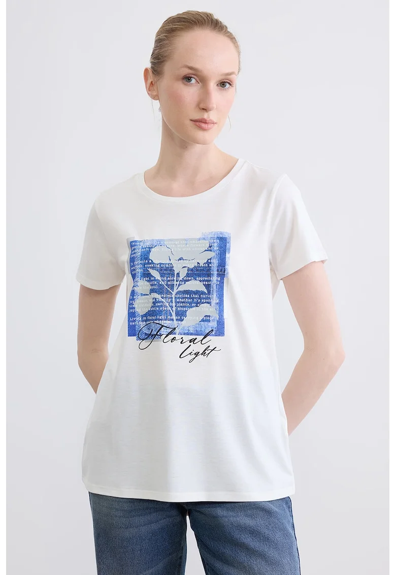 Tricou de bumbac cu imprimeu text si floral, Alb/Gri/Albastru