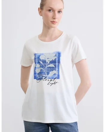 Tricou de bumbac cu imprimeu text si floral, Alb/Gri/Albastru