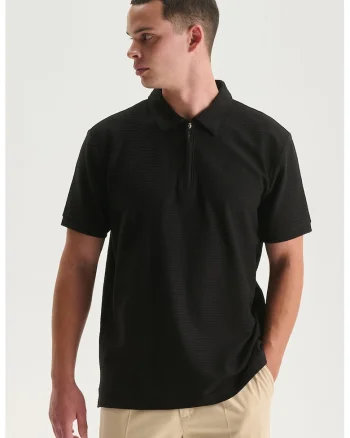 Tricou polo regular fit cu fermoar scurt, Negru