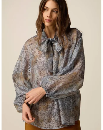 Bluza cu model si funda din panglici, Albastru prafuit