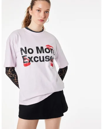 Tricou lejer de bumbac cu imprimeu text, Roz pastel