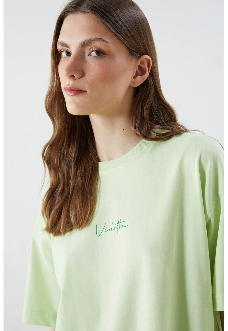 Tricou supradimensionat din bumbac cu imprimeu text discret, Verde pal