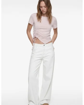 Tricou crop cu snururi laterale, Roz pal