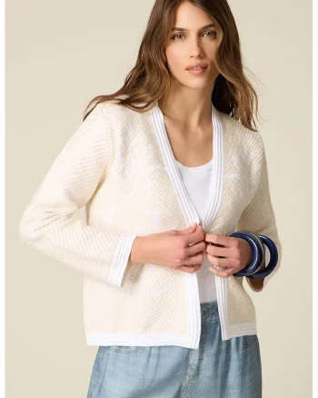 Cardigan fara inchidere cu broderie florala, Crem
