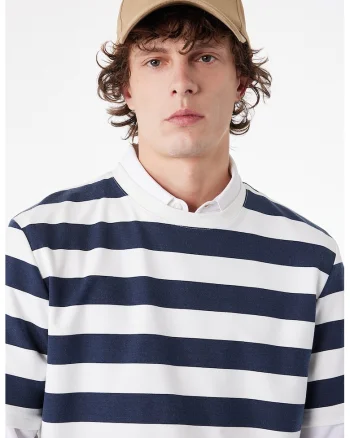 Tricou cu decolteu la baza gatului si dungi, Alb/Bleumarin