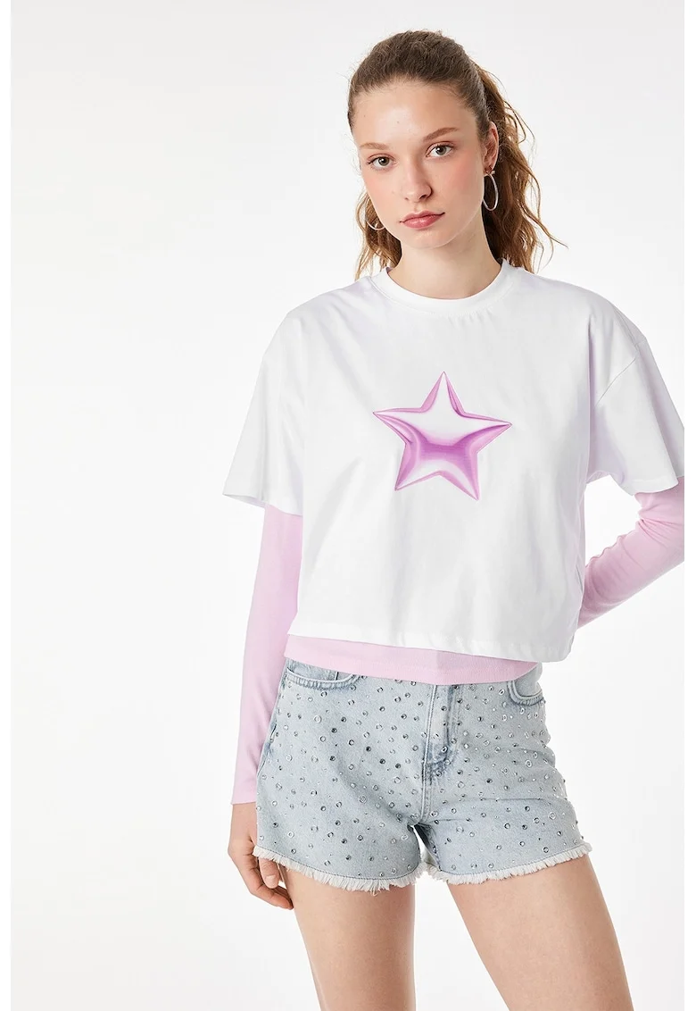 Tricou supradimensionat cu imprimeu stea, Alb/Roz