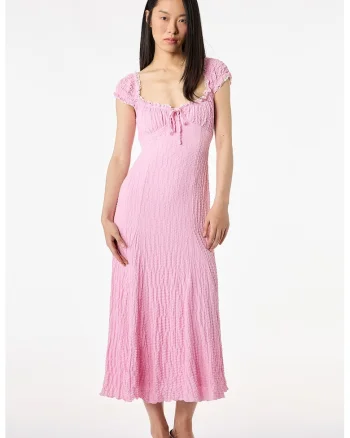 Rochie midi texturata cu maneci scurte, Roz