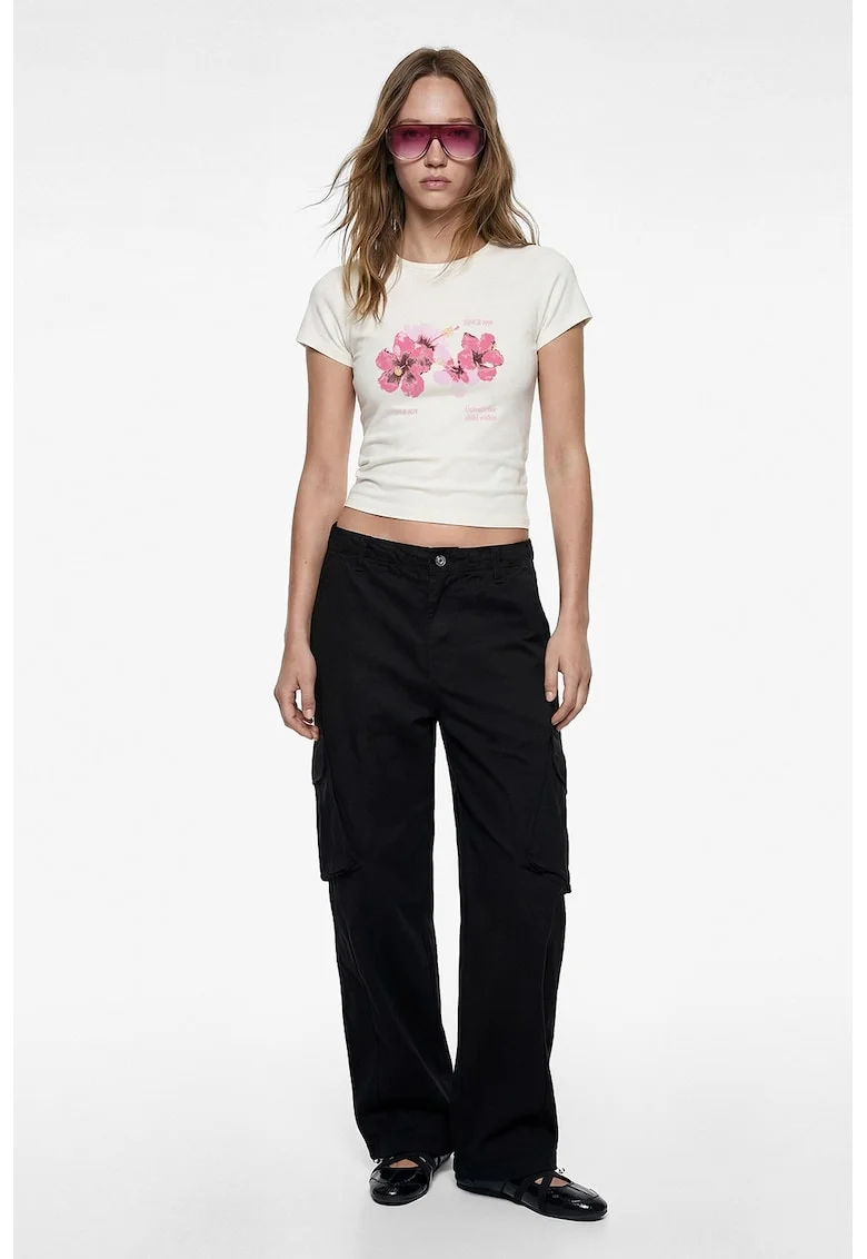 Tricou slim fit cu imprimeu hibiscus, Alb murdar/Roz