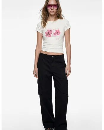 Tricou slim fit cu imprimeu hibiscus, Alb murdar/Roz