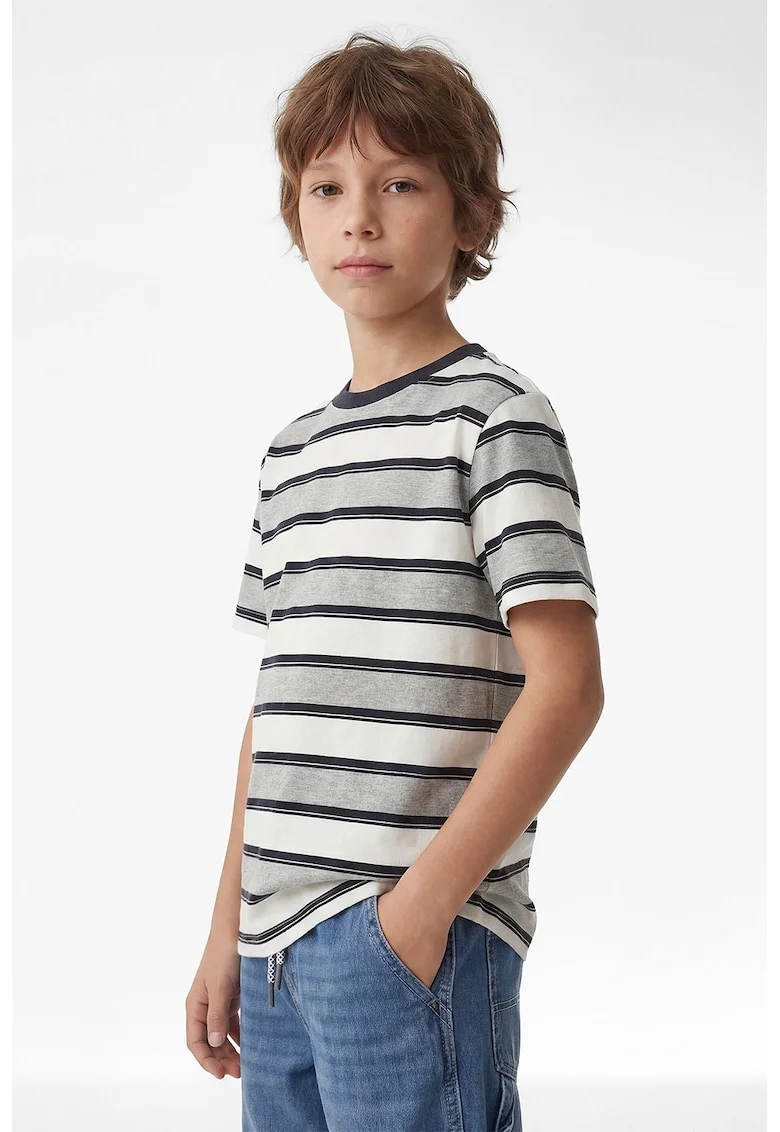 Tricou cu decolteu la baza gatului si dungi, Alb/Gri/Bleumarin