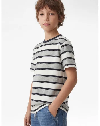 Tricou cu decolteu la baza gatului si dungi, Alb/Gri/Bleumarin