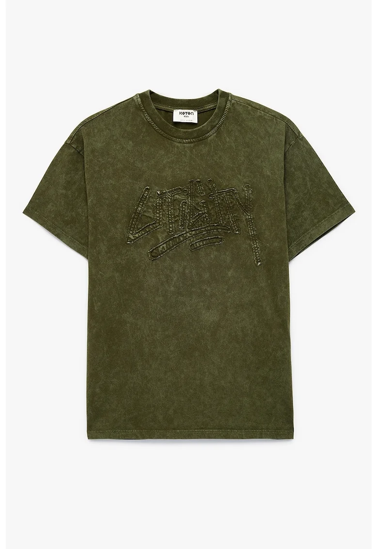 Tricou de bumbac cu decolteu la baza gatului, Verde inchis