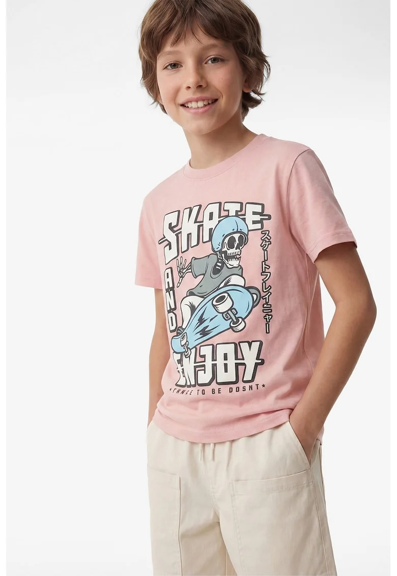 Tricou de bumbac cu decolteu la baza gatului, Roz