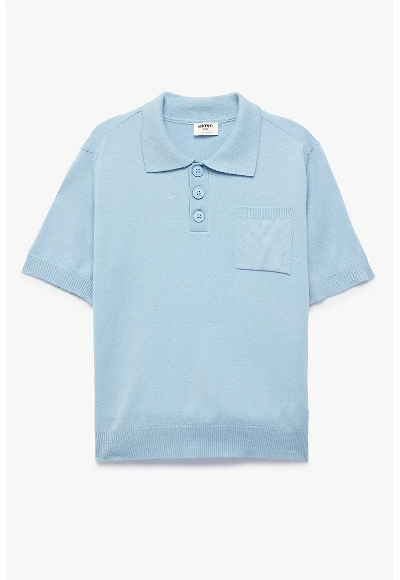 Tricou polo tricotat cu buzunar pe piept, Albastru deschis