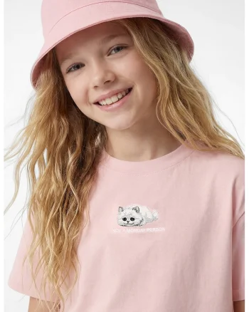 Tricou crop cu imprimeu grafic si text brodat, Roz