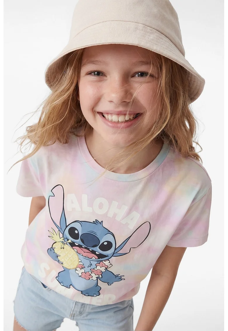 Tricou cu decolteu la baza gatului si imprimeu cu desene, Albastru glaciar/Roz