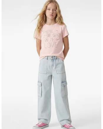 Tricou de bumbac cu aplicatie text, Roz pal