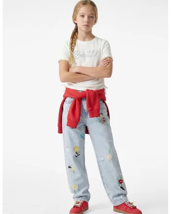 Tricou de bumbac cu strasuri, Alb murdar