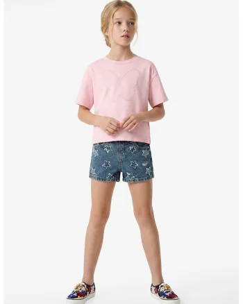 Tricou de bumbac cu aplicatie fluture, Roz