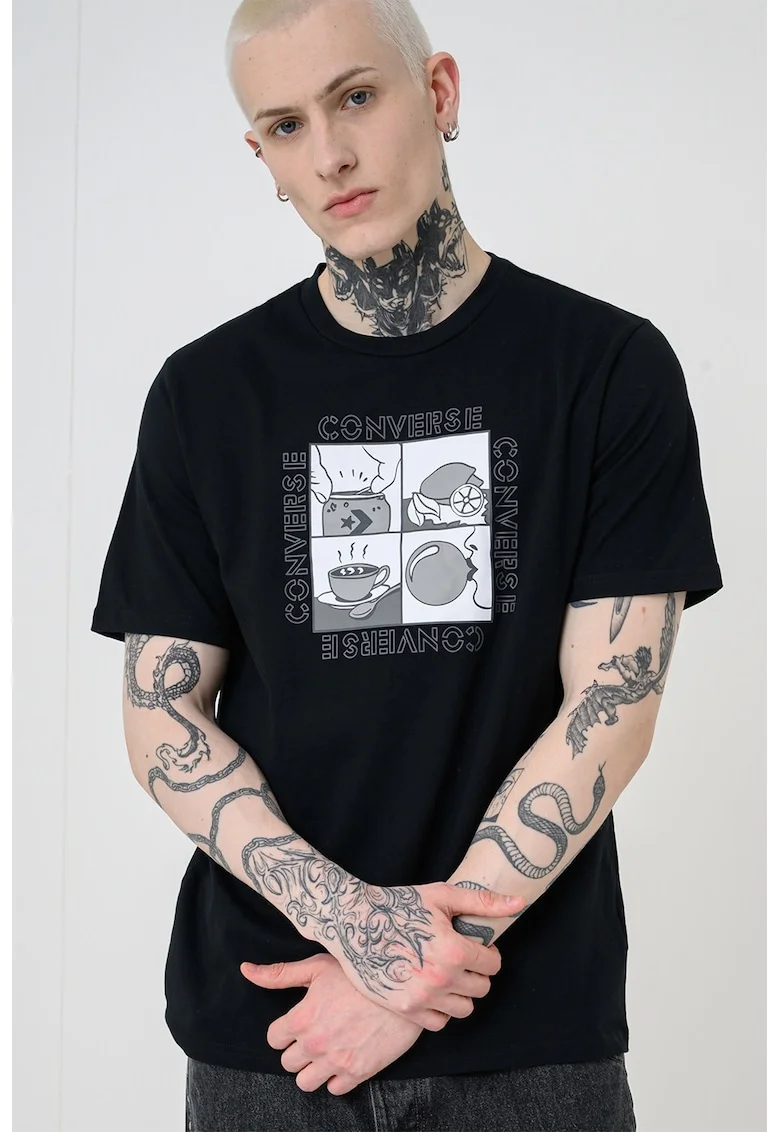 Tricou cu decolteu la baza gatului si imprimeu grafic, Negru/Gri