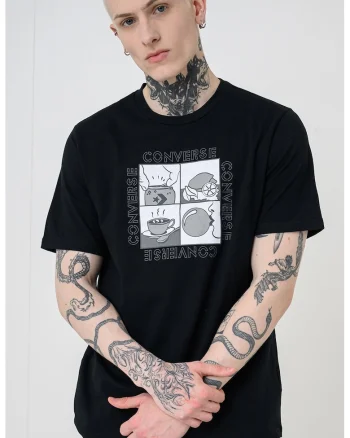 Tricou cu decolteu la baza gatului si imprimeu grafic, Negru/Gri