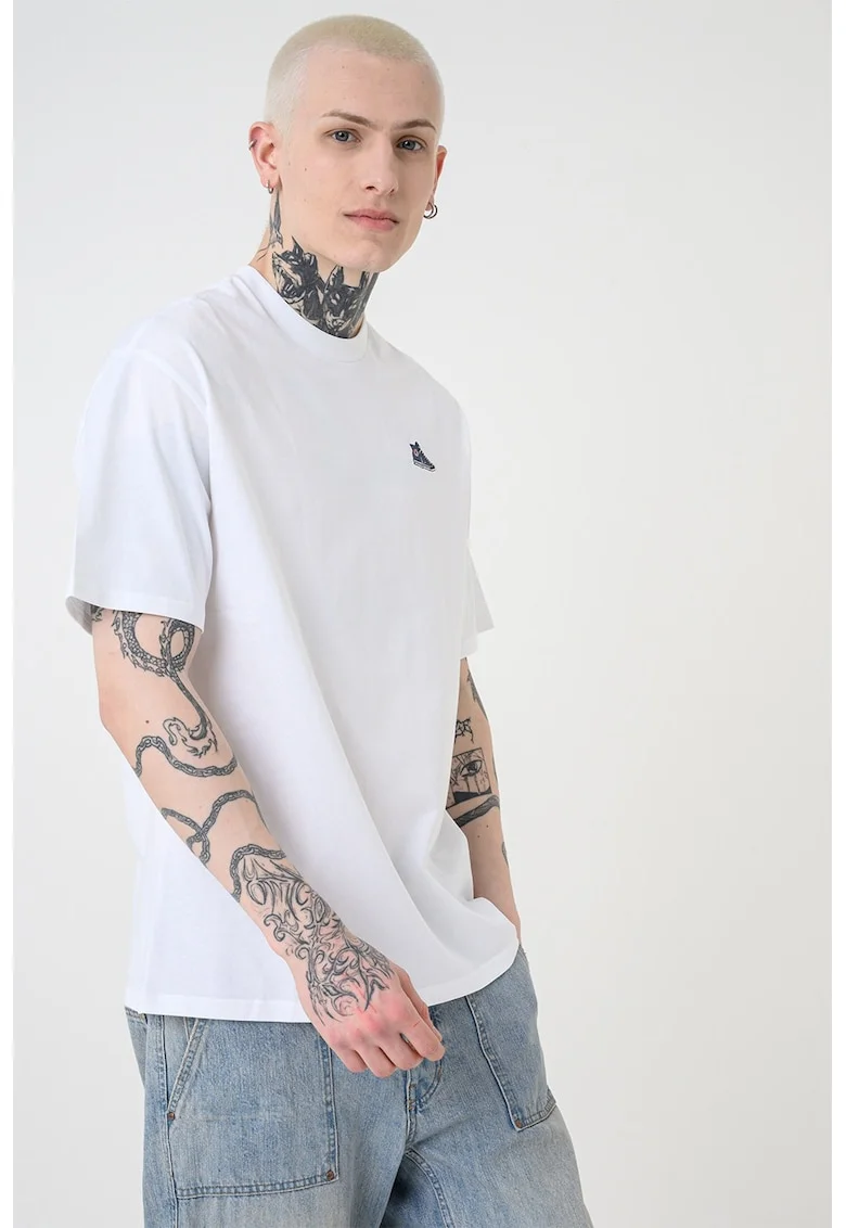 Tricou de bumbac cu detaliu brodat, Albastru prafuit/Alb optic