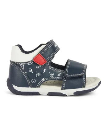 Sandale din piele ecologica cu inchidere velcro, Rosu/Bleumarin