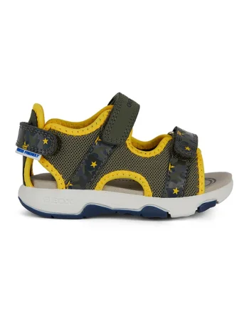 Sandale din material textil si piele ecologica, Galben/Kaki