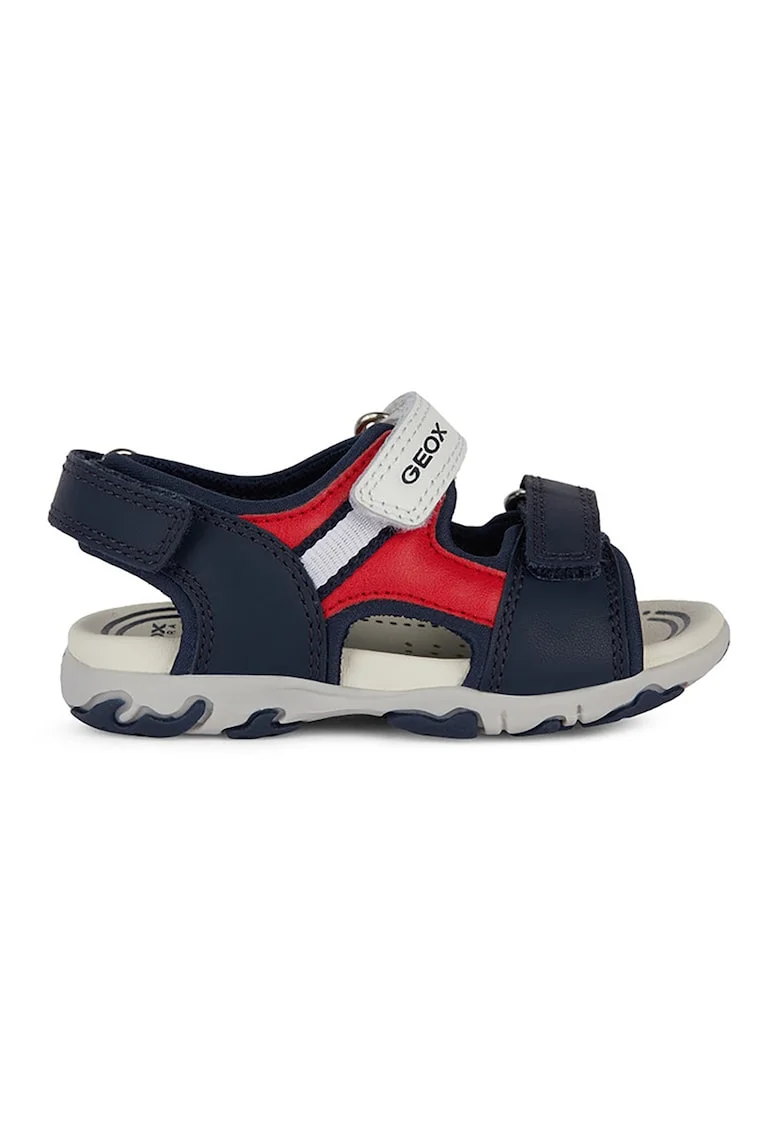 Sandale cu inchidere velcro si detalii din piele, Rosu/Bleumarin
