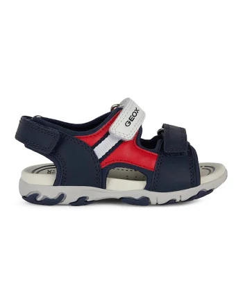 Sandale cu inchidere velcro si detalii din piele, Rosu/Bleumarin