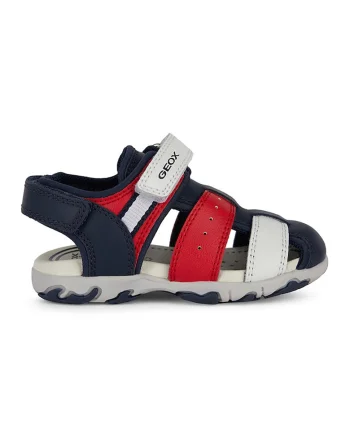 Sandale cu inchidere velcro si detalii din piele, Rosu/Bleumarin