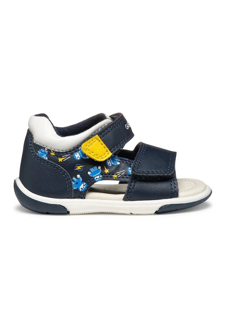 Sandale cu velcro de piele ecologica, Galben/Bleumarin