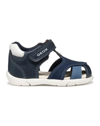 Sandale de piele ecologica si material textil, Alb/Bleumarin