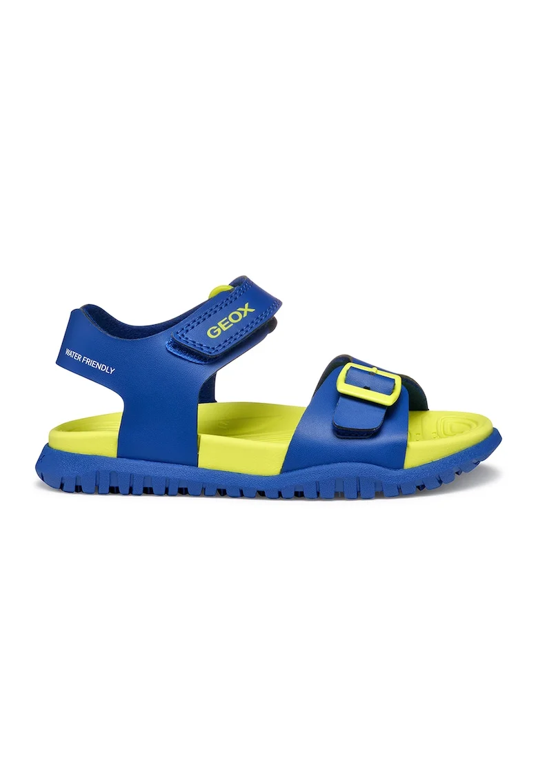 Sandale de piele ecologica cu velcro Fusbetto, Albastru royal/Verde lime