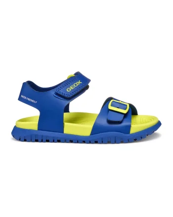 Sandale de piele ecologica cu velcro Fusbetto, Albastru royal/Verde lime
