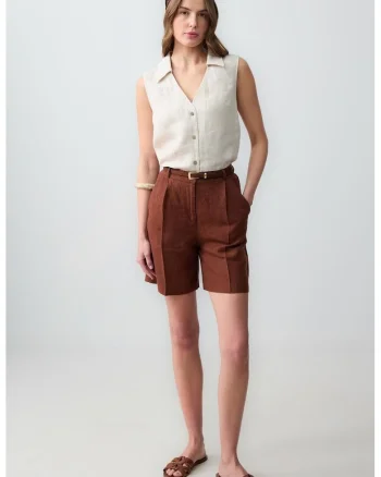 Pantaloni scurti de in cu talie inalta, Maro inchis