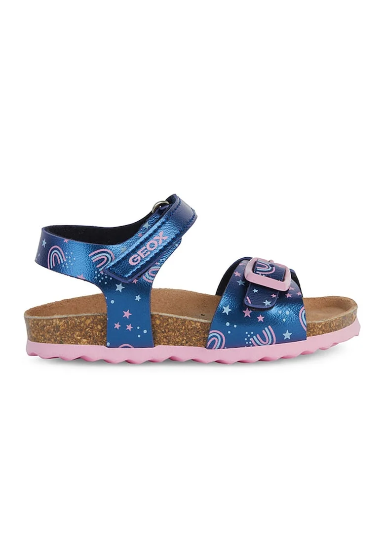 Sandale de piele ecologica cu unicorn, Roz deschis/Bleumarin