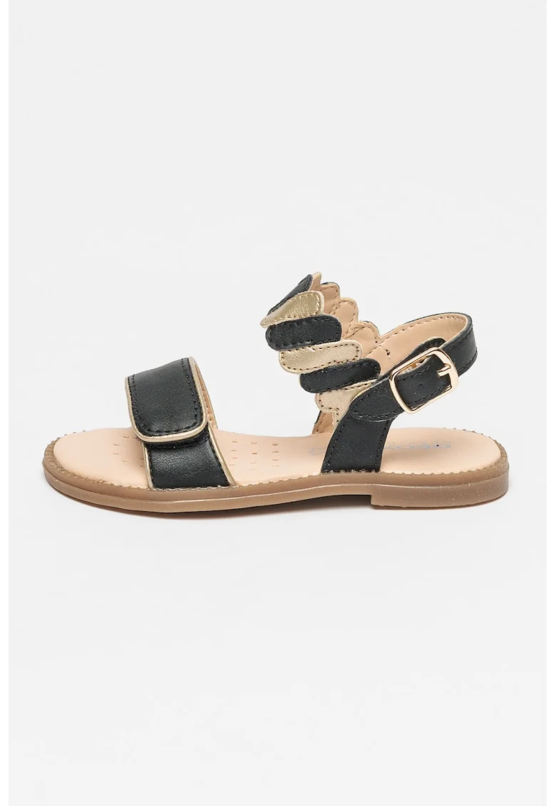 Sandale de piele ecologica cu velcro Karly, Auriu/Negru/Maro nisip