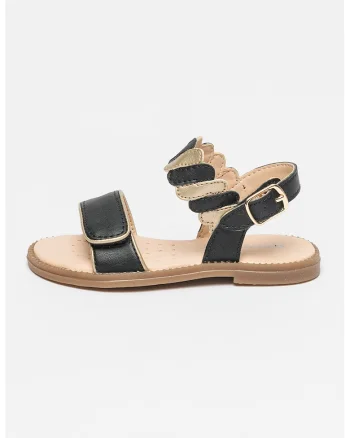 Sandale de piele ecologica cu velcro Karly, Auriu/Negru/Maro nisip